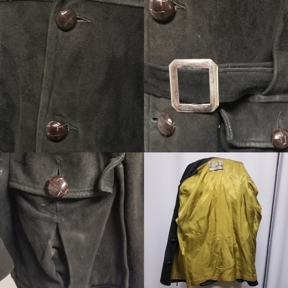 Vintage 50s Rancher Boho Buckskin Black Suede Leather Belted Button Down Coat Md - Picture 4 of 8